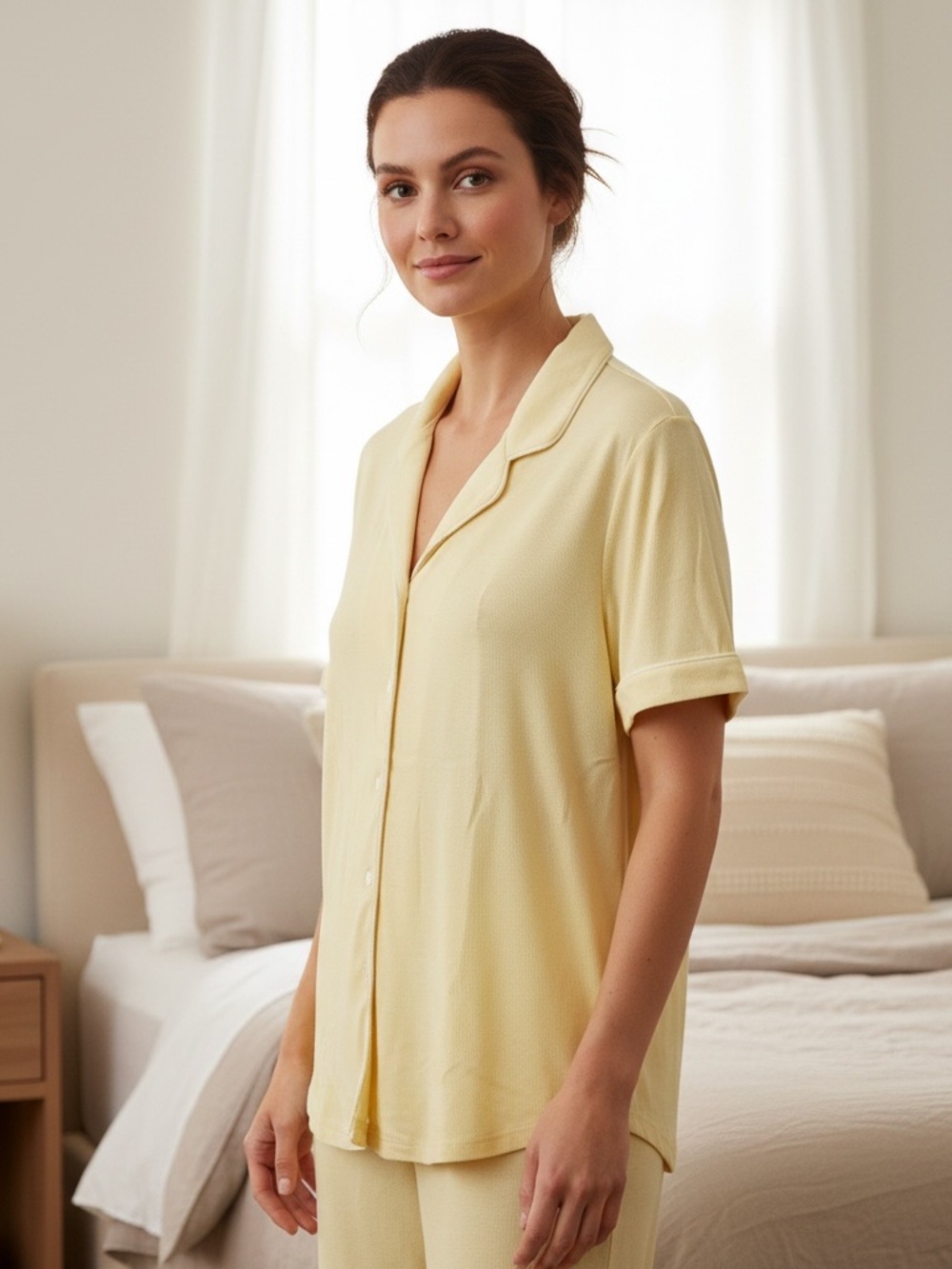 Cozy Earth Women's Short Sleeve Button Pajama Top — Pale Yellow L